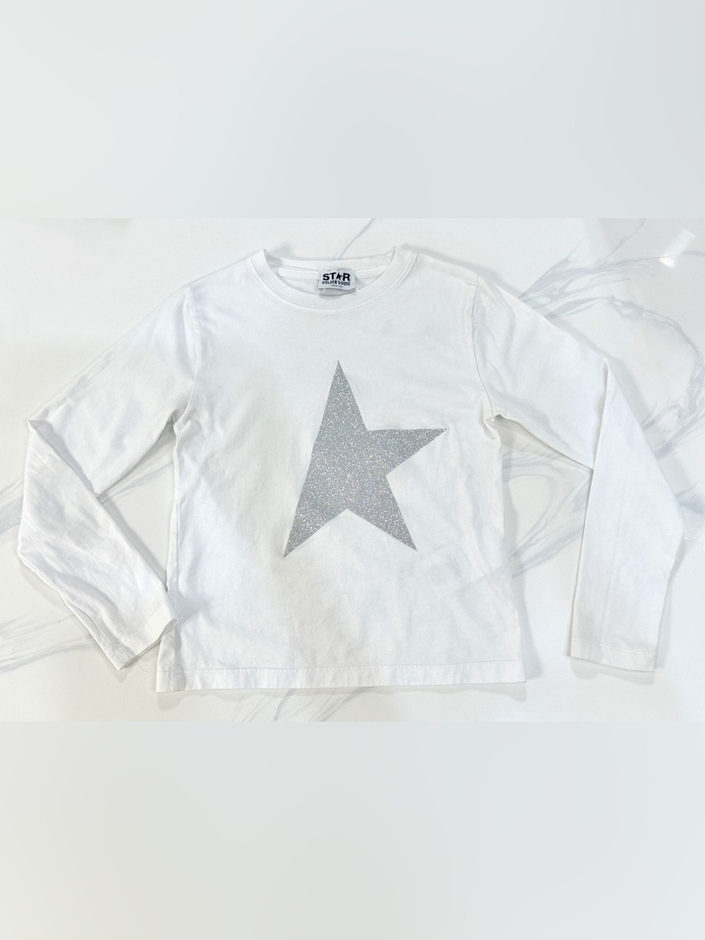 Kids Golden Goose White Long-Sleeve Tee with Silver Star